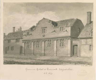 Tamworth - Grammar School: seepiapiirustus, 1838 tekijältä John Buckler