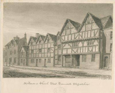 Tamworth - Old Houses in Church Street: seepiapesupiirros, 1838 tekijältä John Buckler
