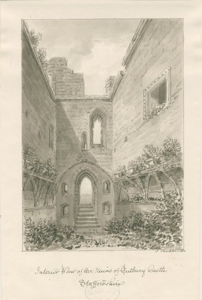 Tutbury Castle - Raunioiden sisäpuoli: seepiapesupiirros tekijältä John Buckler