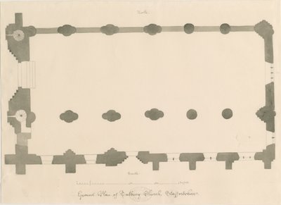 Tutbury Priory Church - Suunnitelma: lyijykynä- ja seepiapiirustus, nd [?1812] (piirustus) tekijältä John Buckler