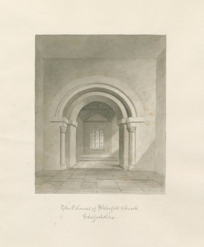 Vesiputouskirkko - Chancelin sisätilat: seepiapiirros, 1847 tekijältä John Buckler