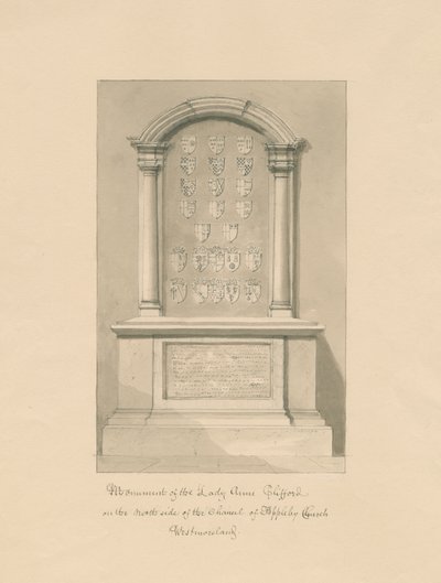 Westmorland - Applebyn kirkko - Lady Anne Cliffordin muistomerkki: seepiapiirustus, 1800 tekijältä John Buckler