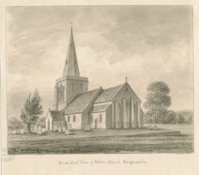 Weston-on-Trentin kirkko: seepiapiirros, 1841 tekijältä John Buckler