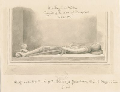 Weston-under-Lizard Church - Sir Hugh de Westonin kuva: seepiapiirustus, 1842 tekijältä John Buckler