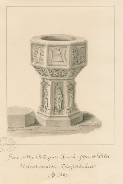 Wolverhampton - Fontti Pyhän Pietarin kirkossa: seepiapiirros, 1837 tekijältä John Buckler