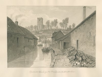 Worcestershire - Droitwich - Dodderhillin kirkko Kaukainen näkymä: seepiapiirros, 1833 tekijältä John Buckler