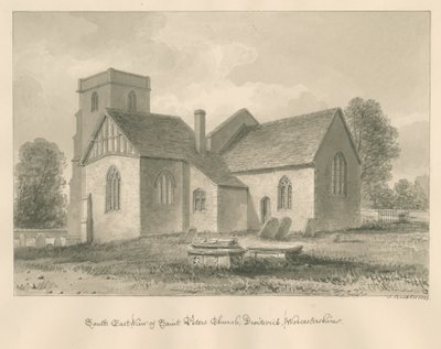 Worcestershire - Droitwich - Pyhän Pietarin kirkko: seepiapiirros, 1833 tekijältä John Buckler
