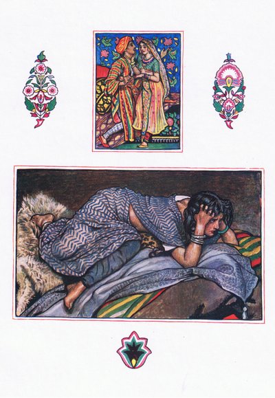 Hylättyjen mustalaisten laulu: Hillside Camp, kuvitus Kaman puutarhasta (ja muita sanoituksia Intiasta), 1920 tekijältä John Byam Liston Shaw