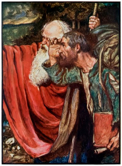 Evankelista osoittaa tien Wicket Gateen kohdasta Pilgrims Progress From This World, To That What Is To Come. John Bunyan (1628-1688) Byam Shaw