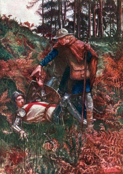 Uskollinen auttaa kristityn ylös hänen kaatumisensa jälkeen (värilitografia) tekijältä John Byam Liston Shaw
