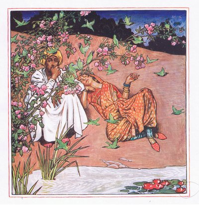 Rakasta kevyesti, kuvitus Kaman puutarhasta (ja muita sanoituksia Intiasta), 1920 tekijältä John Byam Liston Shaw