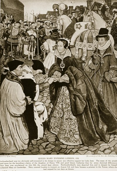 Kuningatar Mary saapuu Lontooseen, 1553, kuvitus "Hutchinsonin tarinasta brittiläisestä kansasta", n. 1923 tekijältä John Byam Liston Shaw
