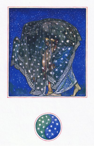 Haaveilu: Zamur-u-Din: Tuhannen vuoden ajan, kun tuhat taivasta yö on tuonut miehiä tänne, kuvitus Kaman puutarhasta (ja muita sanoituksia Intiasta), 1920 tekijältä John Byam Liston Shaw