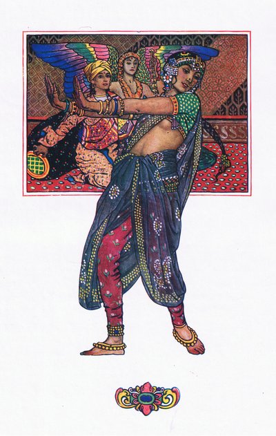 Temppelitanssityttö, kuvitus Kaman puutarhasta (ja muita sanoituksia Intiasta), 1920 tekijältä John Byam Liston Shaw