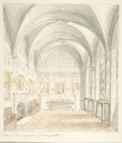 Lean linna, Worcestershire, ruokailuhuone etelään katsoen, n. 1816. tekijältä John Carter.