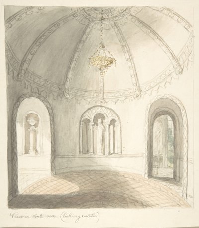 Lea Castle, Worcestershire, Näkymä etuhuoneessa, näkymä pohjoiseen, n. 1816. tekijältä John Carter.