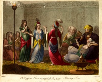 Egyptiläinen haaremi, jota viihdyttävät Almeesit eli tanssitytöt. tekijältä John Chapman