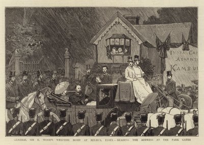 Kenraali Sir E Woodin Tervetuloa kotiin Belhusissa Essexissä lukemassa puhetta Park Gatesissa tekijältä John Charles Dollman