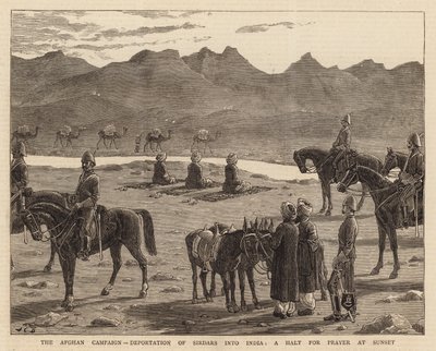 Afganistanin kampanja, sirdarien karkottaminen Intiaan, rukouspysähdys auringonlaskun aikaan tekijältä John Charles Dollman