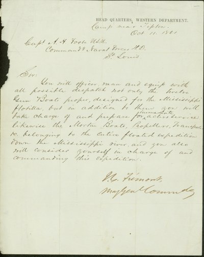 Kirje allekirjoitettu J.C.Fremont, komentajamajuri, Head Quarters, Länsi -osasto, leiri lähellä Tiptonia, kapteeni A.H.Footelle, U.S.N. Merivoimien komento H.D., St.Louis, 11. lokakuuta 1861 tekijältä John Charles Frémont