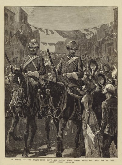 Joukkojen paluu Egyptistä, Royal Horse Guards (sininen) matkalla Albany Streetin kasarmiin tekijältä John Charlton