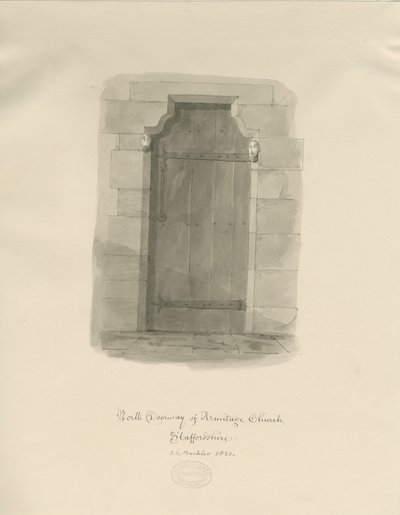 Armitagen kirkko - North Doorway: seepiapiirros tekijältä John Chessell Buckler