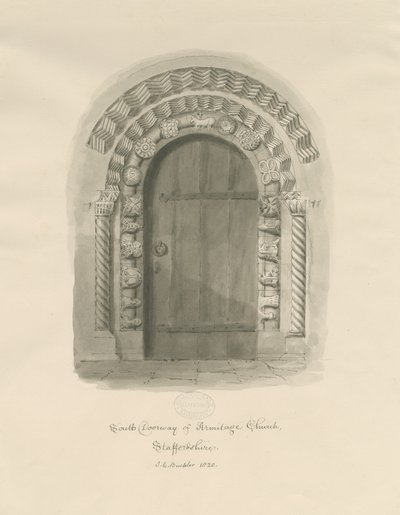 Armitagen kirkko - South Doorway: seepiapiirros tekijältä John Chessell Buckler