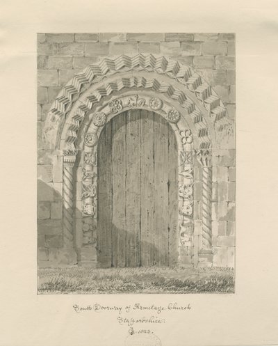 Armitagen kirkko - South Doorway: seepiapiirros, 1823 tekijältä John Chessell Buckler