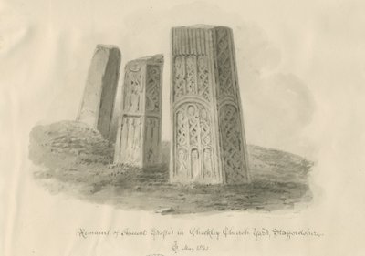Checkley Church - Muinaiset ristit: seepiapiirustus tekijältä John Chessell Buckler