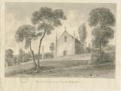 Cresswell - Draycott-in-the-Moorsin katolinen kappeli: seepiapiirustus, 1841 tekijältä John Chessell Buckler