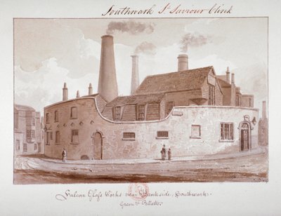 "Falcon Glass Works lähellä Banksidea, Southwark", Lontoo, 1827 tekijältä John Chessell Buckler