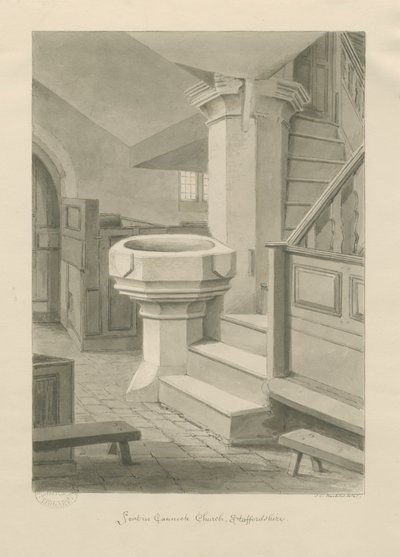 Fontti Cannockin kirkossa: seepiapiirros, 1841 tekijältä John Chessell Buckler