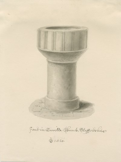 Fontti Envillen kirkossa: seepiapiirros, 1820 tekijältä John Chessell Buckler