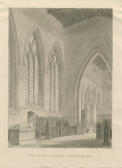 Checkley Churchin sisätilat: seepiapiirustus, 1841 tekijältä John Chessell Buckler