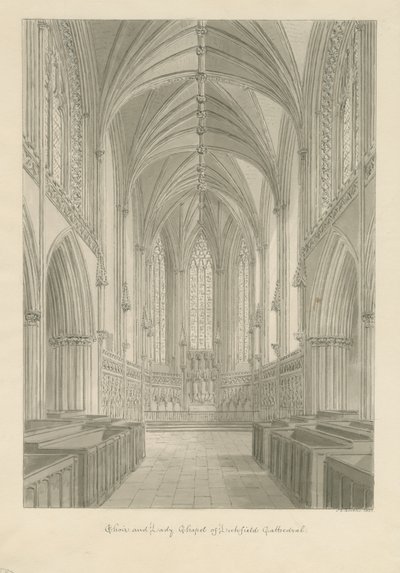 Lichfieldin katedraalin sisustus - Kuoro ja Lady Chapel: seepiapiirustus tekijältä John Chessell Buckler