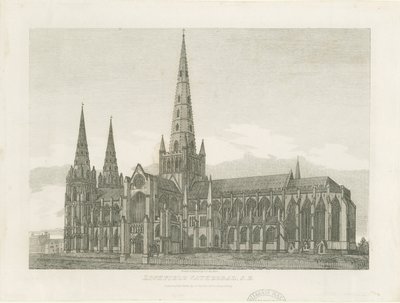 Lichfieldin katedraali - Kaakkoisnäkymä: kaiverrus ja [c 1820] (tulostus) tekijältä John Chessell Buckler
