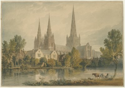 Lichfieldin katedraali - Lounaisnäkymä: akvarellimaalaus, 1813 tekijältä John Chessell Buckler