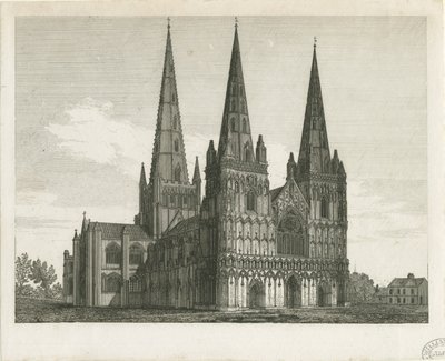 Lichfield Cathedral - West Front: kaiverrus ja [1800-luvun alku] (tulostus) tekijältä John Chessell Buckler