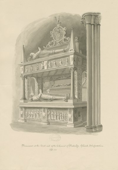 Penkridge Church - Sir Edward Littletonsin "kaksikerroksinen" hauta: seepiapiirros tekijältä John Chessell Buckler