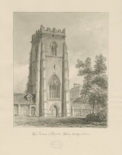Ranton Abbey [Priory] - Torni: seepiapiirros tekijältä John Chessell Buckler
