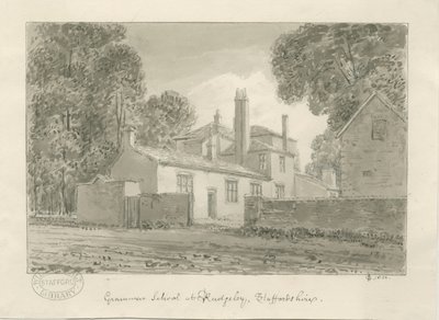 Rugeley Town - Grammar School: seepiapesupiirustus, 1824 tekijältä John Chessell Buckler