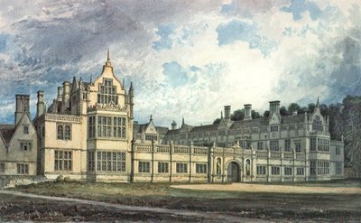 Rushton Hall, Northamptonshire: Näkymä kaakosta (wc) tekijältä John Chessell Buckler