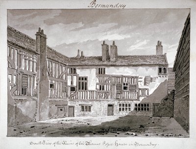 Etelänäkymä Thomas Popen talon jäänteistä, Mill Lane, Bermondsey, Lontoo, 1808. tekijältä John Chessell Buckler