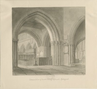 Stafford - Pyhän Marian kirkon sisustus: seepiapiirros, 1841 tekijältä John Chessell Buckler