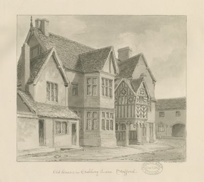 Stafford - Old Houses in Crabbery Lane: seepiapiirros, 1841 tekijältä John Chessell Buckler