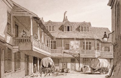 Tabard Inn Borough High Streetillä, Southwarkissa, Lontoossa, 1827. tekijältä John Chessell Buckler