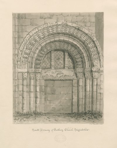 Tutbury Priory Church - South Doorway: seepiapesupiirros, 1812 tekijältä John Chessell Buckler
