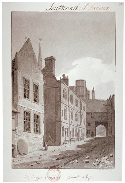 Näkymä kohti Montague Housen porttia, Southwark, Lontoo, 1827 tekijältä John Chessell Buckler