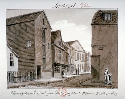 Näkymä Parish Streetille ja Artillery Streetille, Bermondsey, Lontoo, 1828 tekijältä John Chessell Buckler