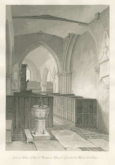 Worcestershire - Droitwich - Pyhän Andreaksen kirkon sisustus: seepiapiirustus, 1833 tekijältä John Chessell Buckler